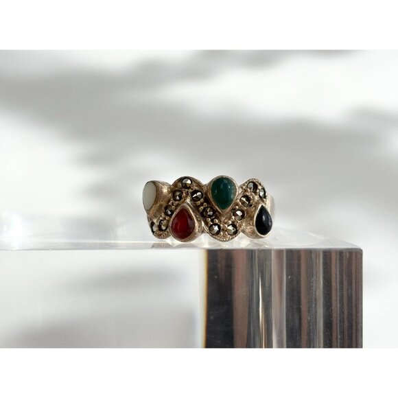 Multi Gemstone SW Style Wavy 925 Sterling Silver Vintage Ring - sz 7.5 - Picture 3 of 14